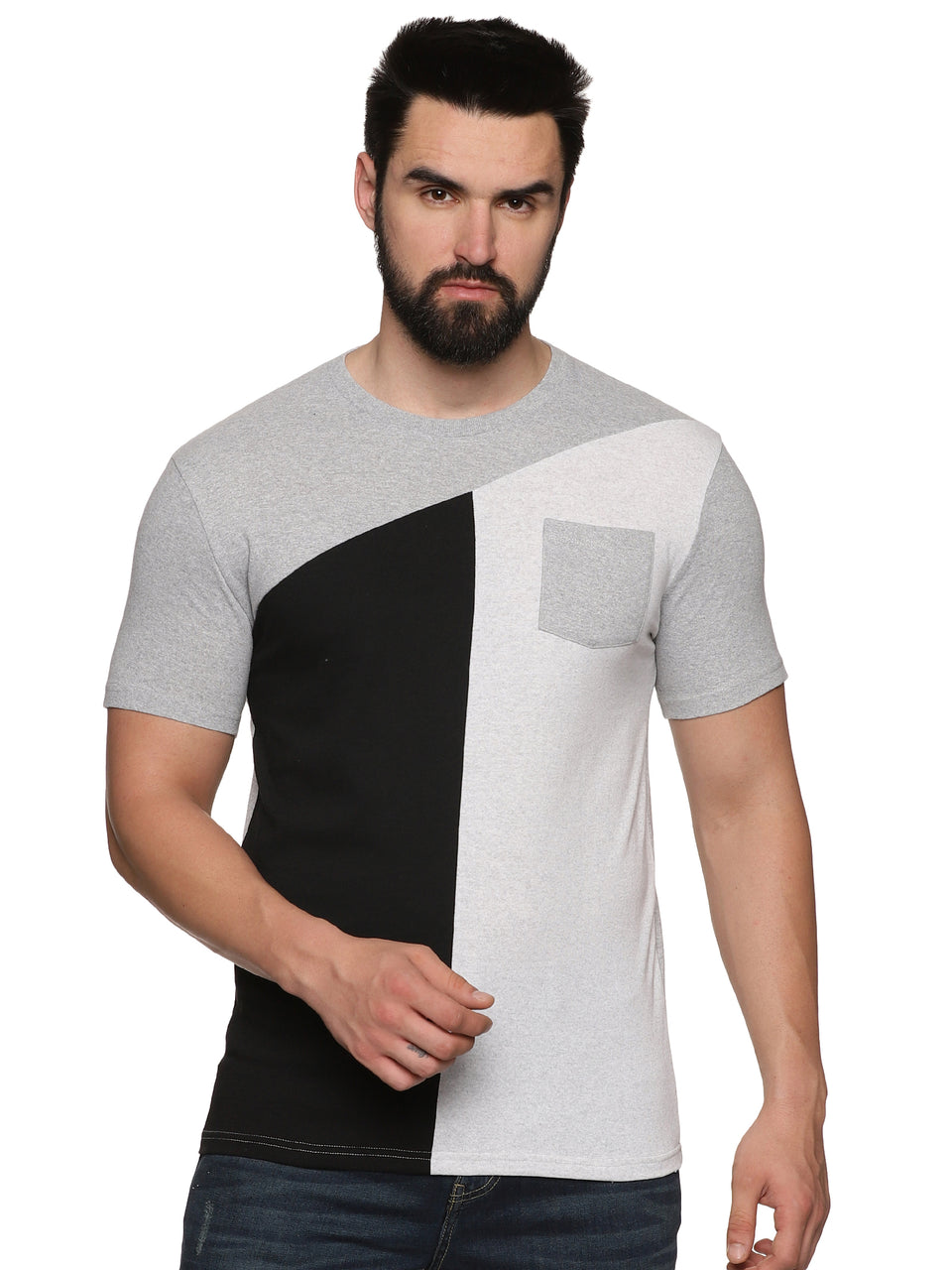 Men Black & White Grey Melange  Printed Trendy Round Neck Organic Cotton Half Sleeve Casual T-Shirt