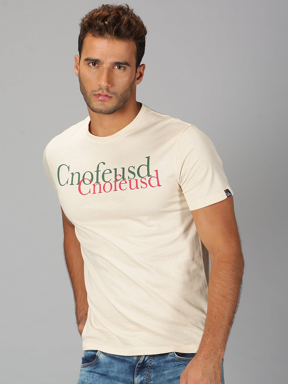 Men Beige Typographic Printed Round Neck Organic Cotton Half Sleeve Casual T-Shirt