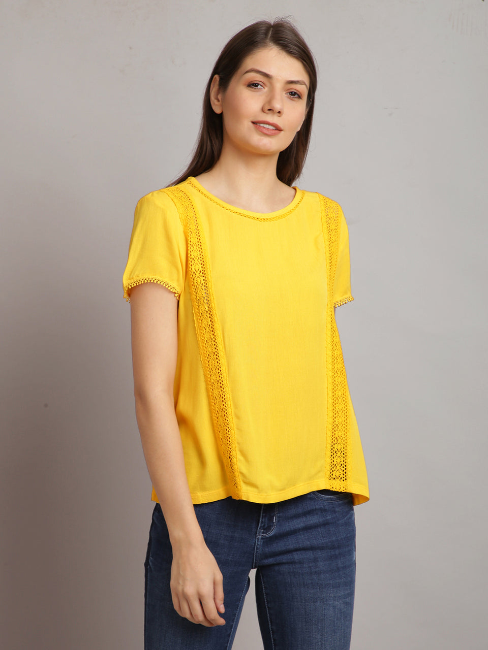 women solid yellow half sleeve lace tops