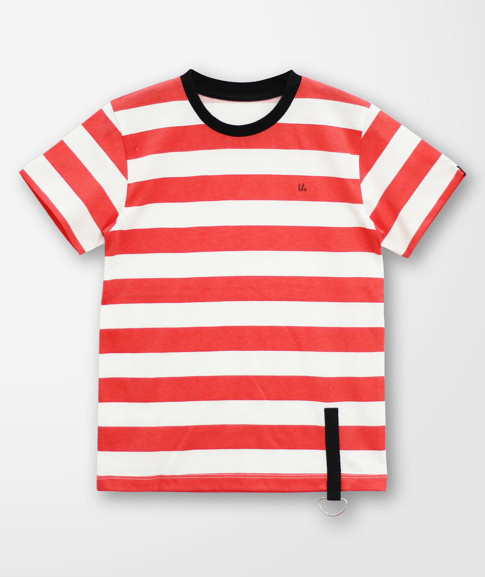boys white & red striped round neck t-shirt