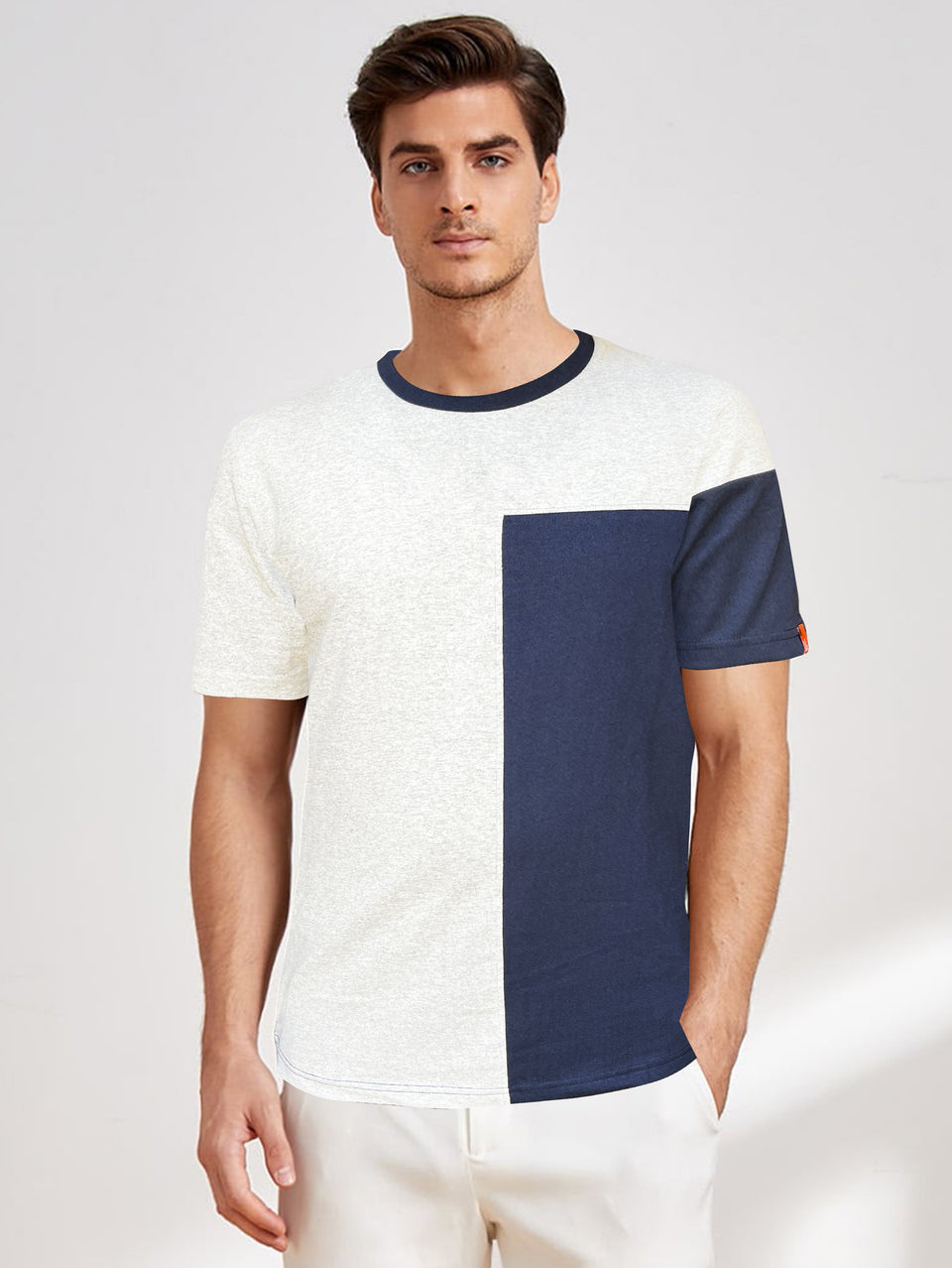 Men Navy & White Melange ColorBlock Trendy Round Neck Organic Cotton Half Sleeve Casual T-Shirt
