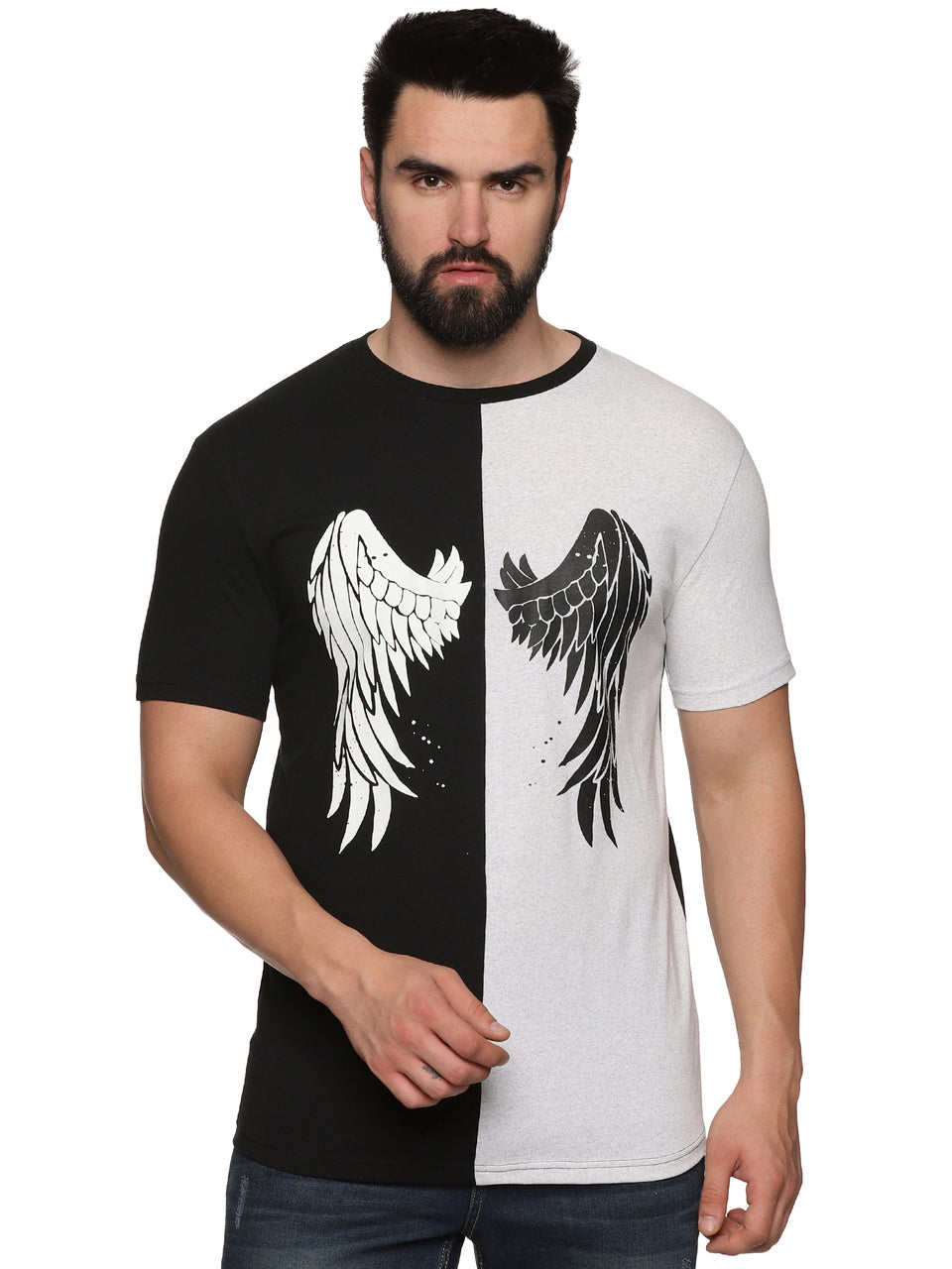 Men Black & White Printed Trendy Round Neck Organic Cotton Half Sleeve Casual T-Shirt