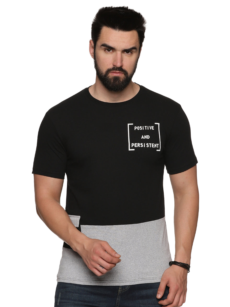 Men Black Melange ColorBlock Trendy Round Neck Organic Cotton Half Sleeve Casual T-Shirt