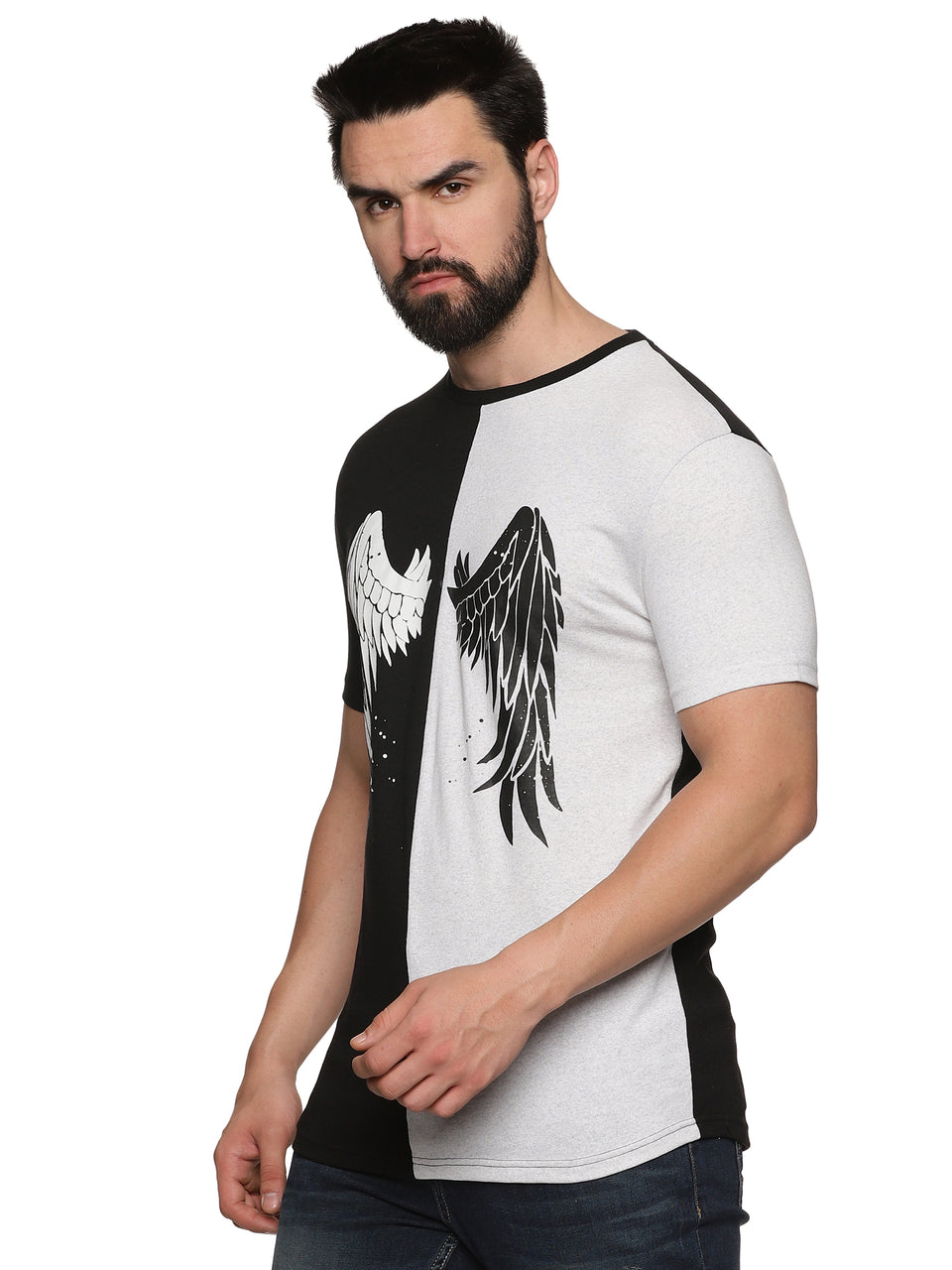 Men Black & White Printed Trendy Round Neck Organic Cotton Half Sleeve Casual T-Shirt