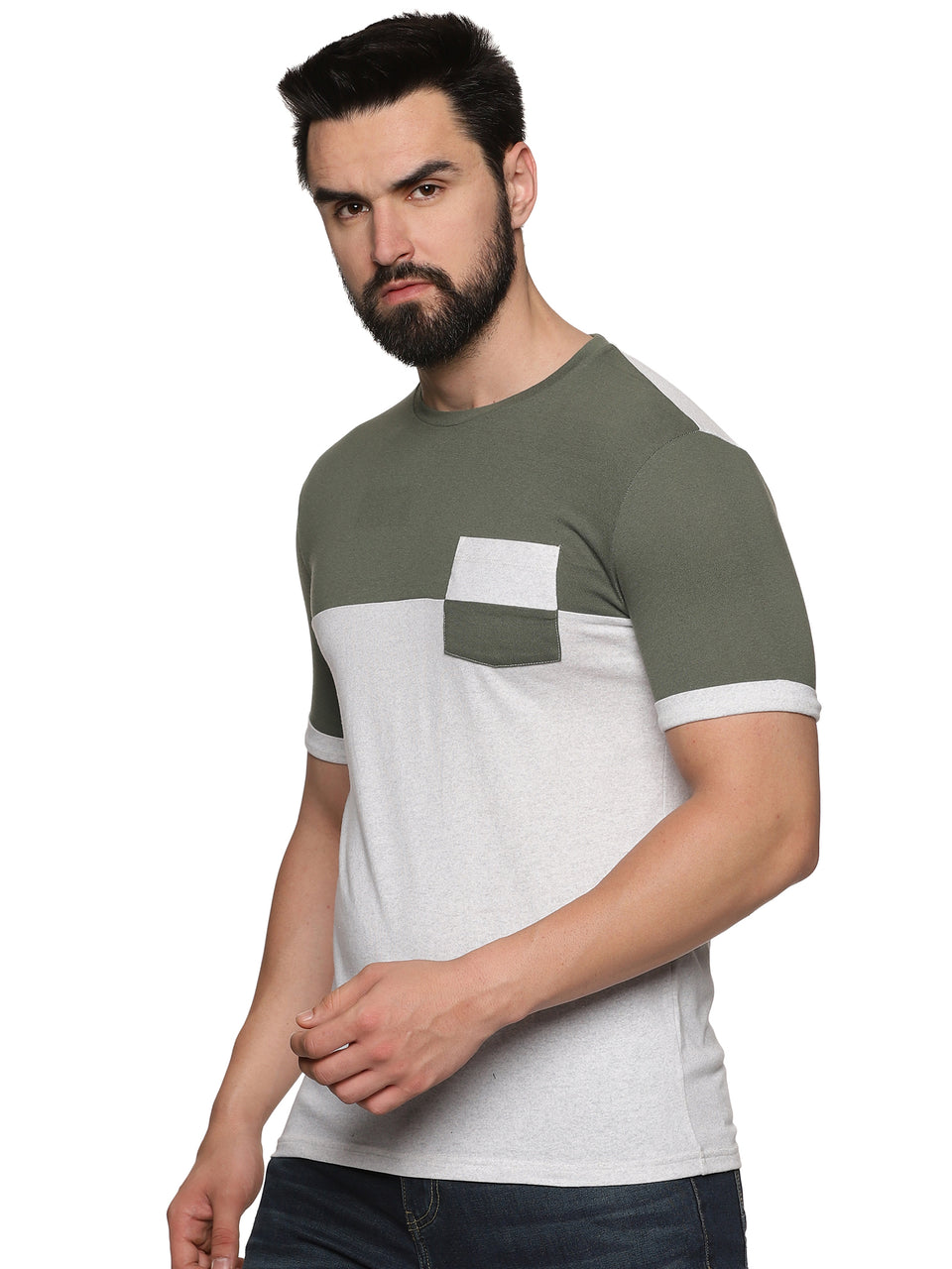 Men Olive & White  Printed Trendy Round Neck Organic Cotton Half Sleeve Casual T-Shirt