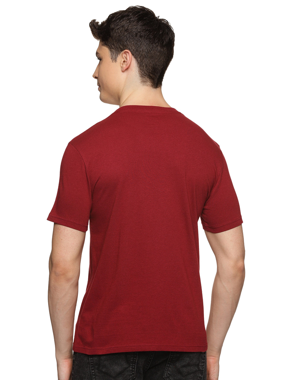 Men Burgundy Printed Trendy Round Neck Organic Cotton Half Sleeve Casual T-Shirt