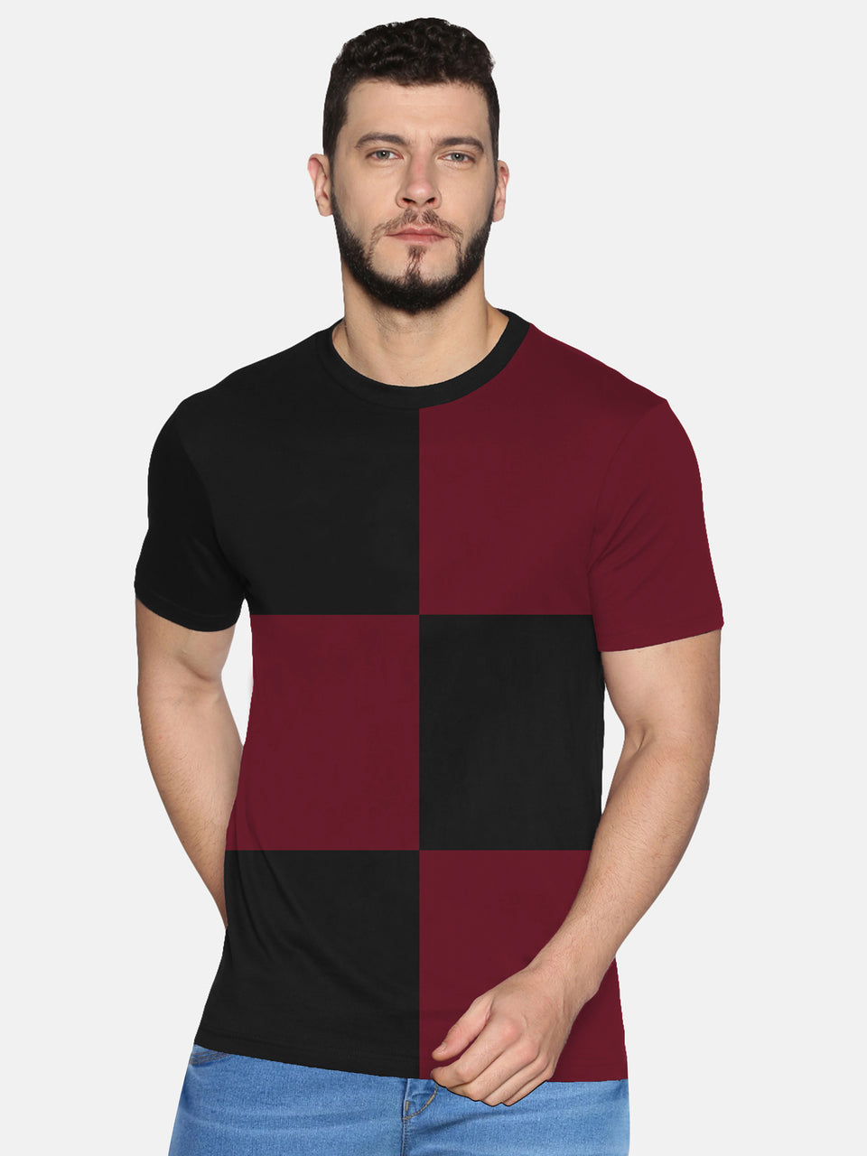 Men Color Block Maroon Trendy Round Neck Organic Cotton Half Sleeve Casual T-Shirt