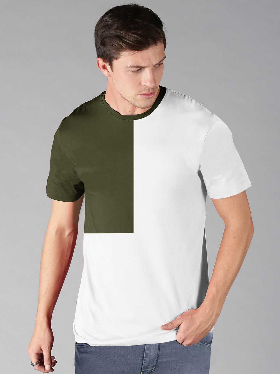 Men Olive &White Melange Trendy ColorBlock Round Neck Organic Cotton Half Sleeve Casual T-Shirt