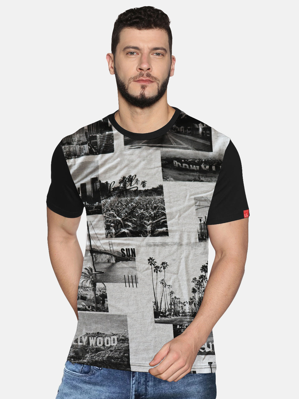 Men Black Printed Trendy Round Neck Organic Cotton Half Sleeve Casual T-Shirt