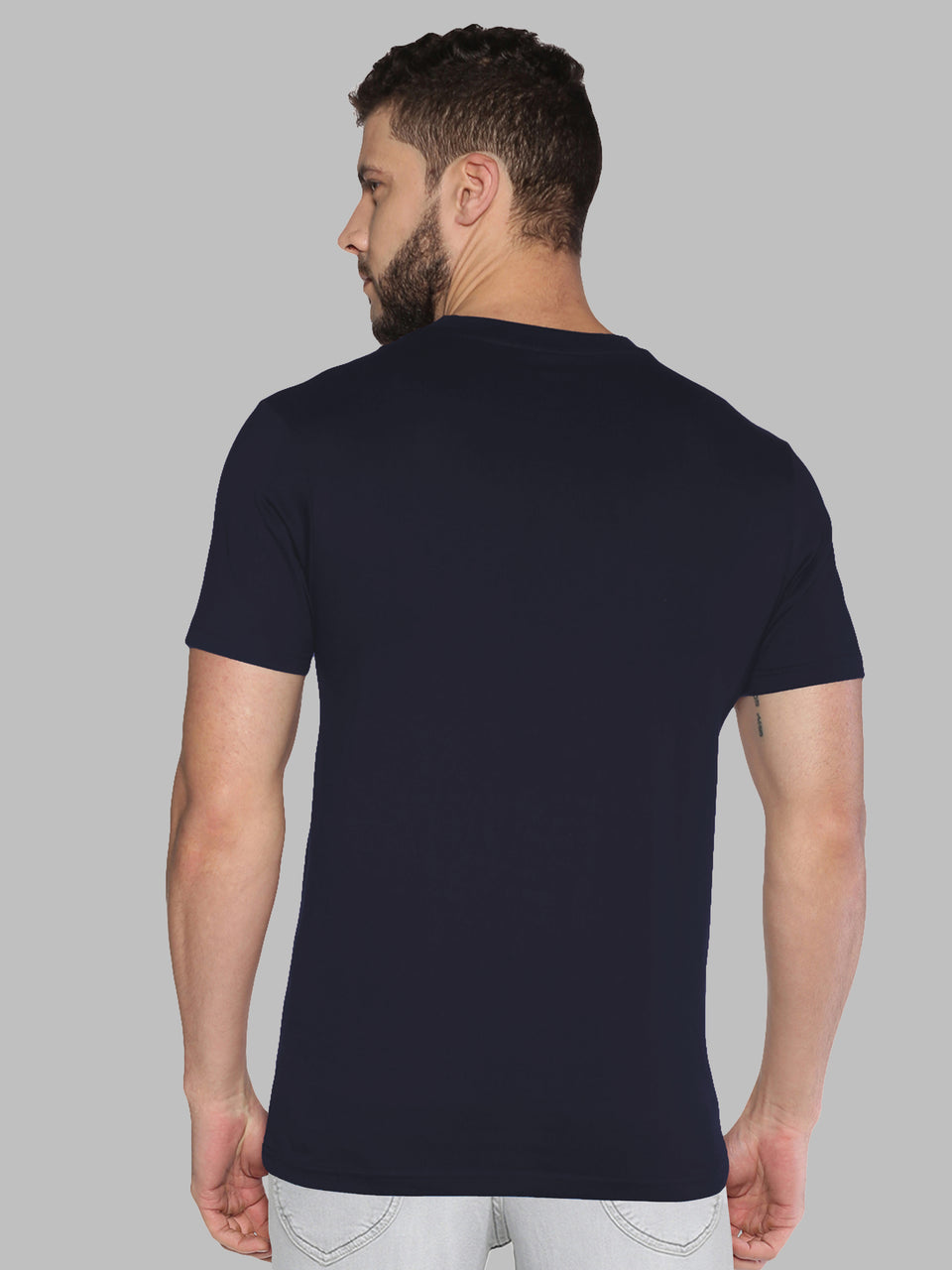 Men Navy Blue Printed Trendy Round Neck Organic Cotton Half Sleeve Casual T-Shirt