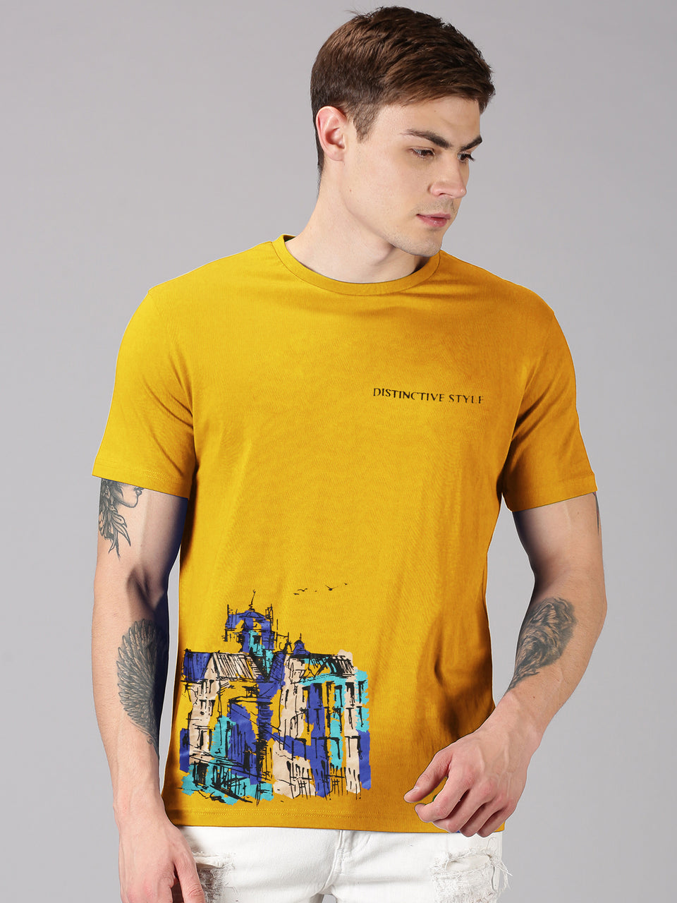 Men Yellow Printed Trendy Round Neck Organic Cotton Half Sleeve Casual T-Shirt