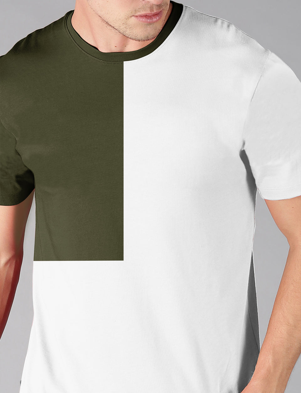 Men Olive &White Melange Trendy ColorBlock Round Neck Organic Cotton Half Sleeve Casual T-Shirt