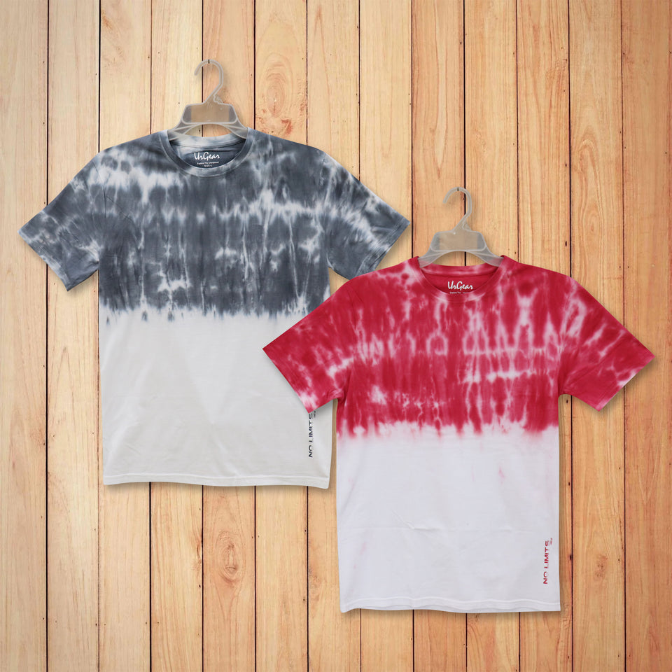 Men Tie Dye Round Neck Regular Fit Casual Tshirt Combo Pack of 2 (Grey, Red)