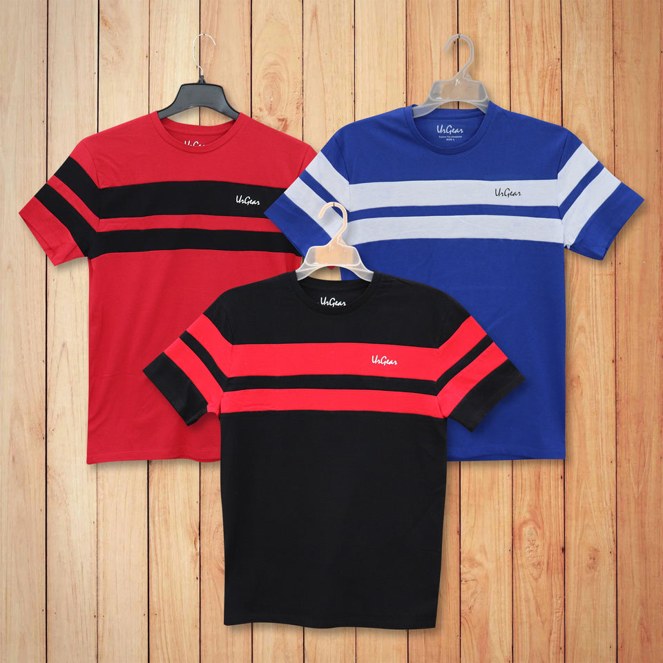 Men Broad Striped Round Neck Regular Fit Casual Tshirt Combo Pack of 3( Red, Blue, Black )