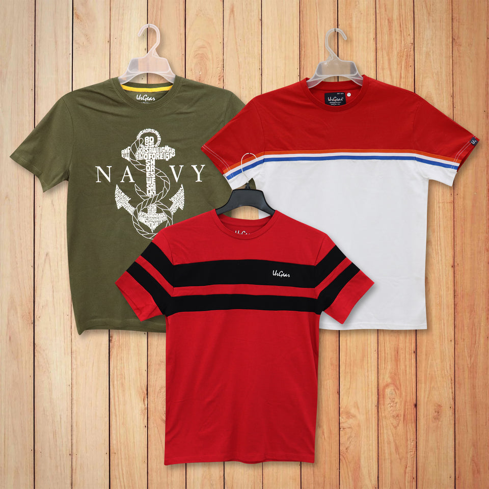 Men Printed, Broad Stripes & Color Blocked Round Neck Regular Fit Casual Tshirt Combo Pack of 3 (Olive, Red, Red)