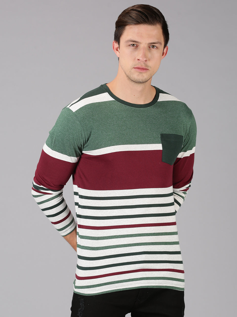 Men Green Multicolor Striped Round Neck Recycled Cotton Full Sleeve Regular Fit Casual T-Shirt
