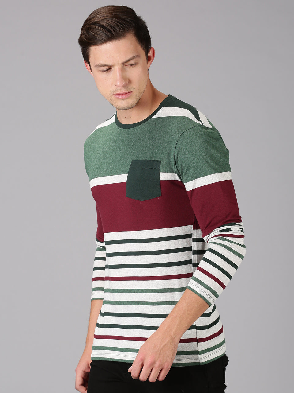 Men Green Multicolor Striped Round Neck Recycled Cotton Full Sleeve Regular Fit Casual T-Shirt