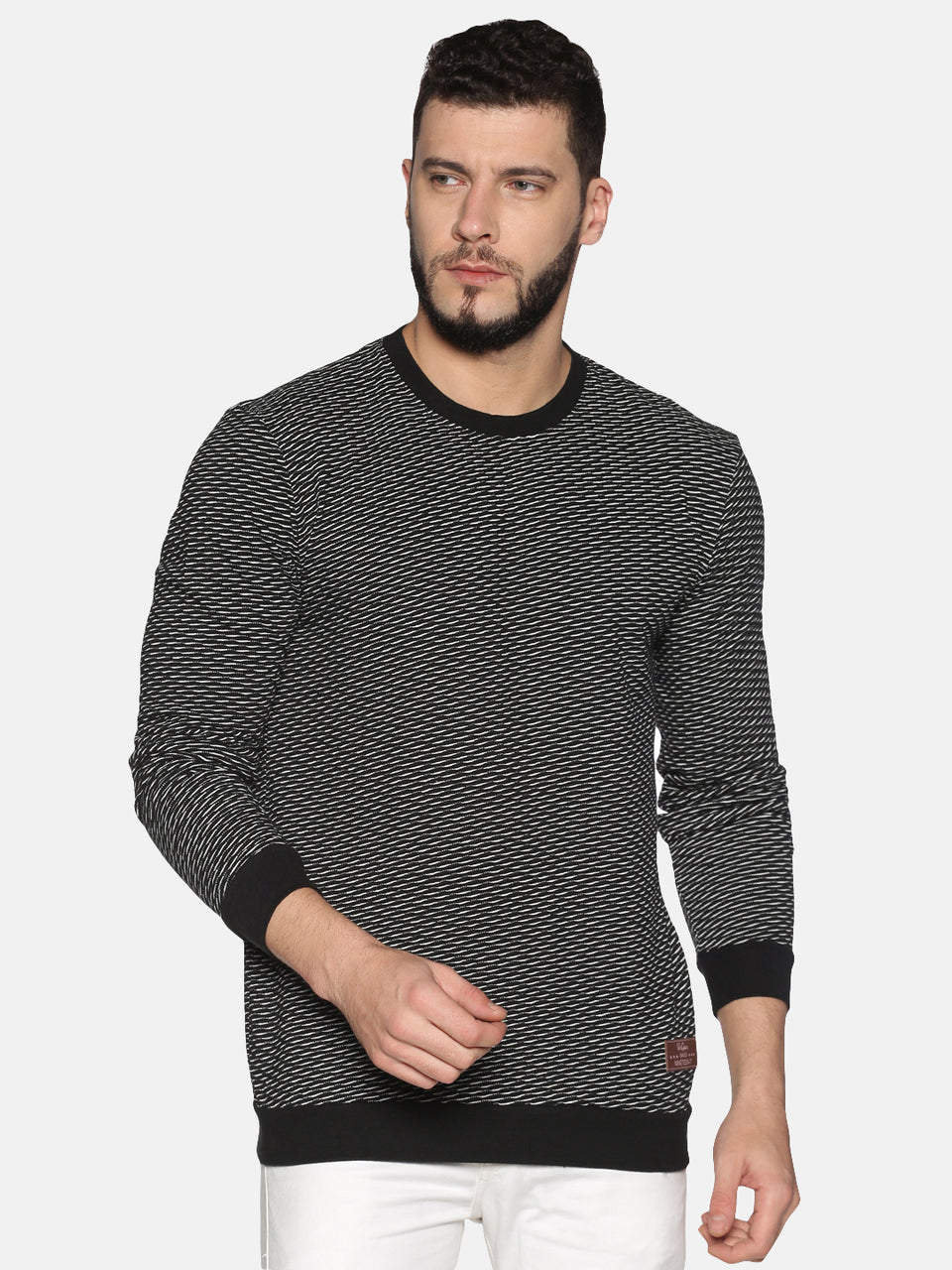 Men Black Printed Round Neck Jacquard Knit Recycled Cotton Full Sleeve Regular Fit Casual T-Shirt