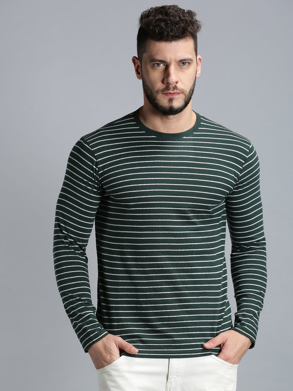 Men Dark Green Yarn Dyed Stripes Round Neck Recycled Cotton Full Sleeve Regular Fit Casual T-Shirt