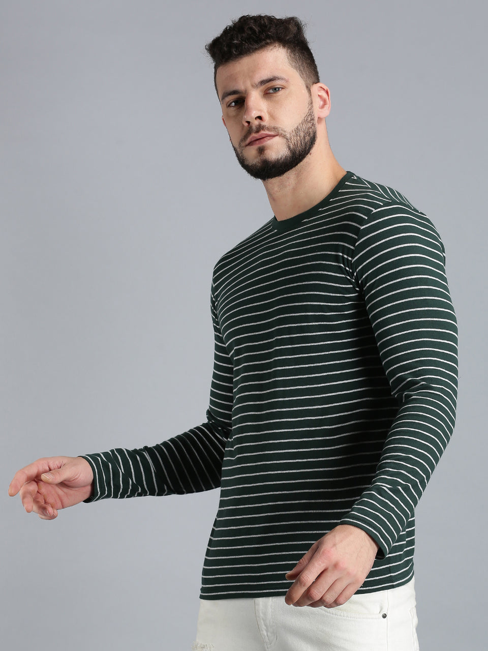 Men Dark Green Yarn Dyed Stripes Round Neck Recycled Cotton Full Sleeve Regular Fit Casual T-Shirt