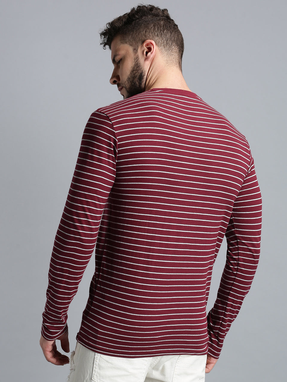 Men Maroon Yarn Dyed Stripes Round Neck Recycled Cotton Full Sleeve Regular Fit Casual T-Shirt