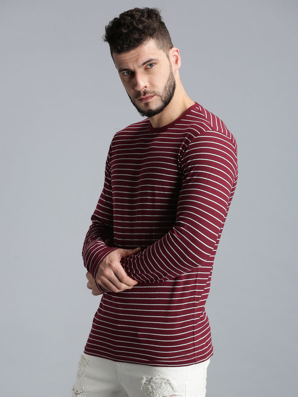 Men Maroon Yarn Dyed Stripes Round Neck Recycled Cotton Full Sleeve Regular Fit Casual T-Shirt