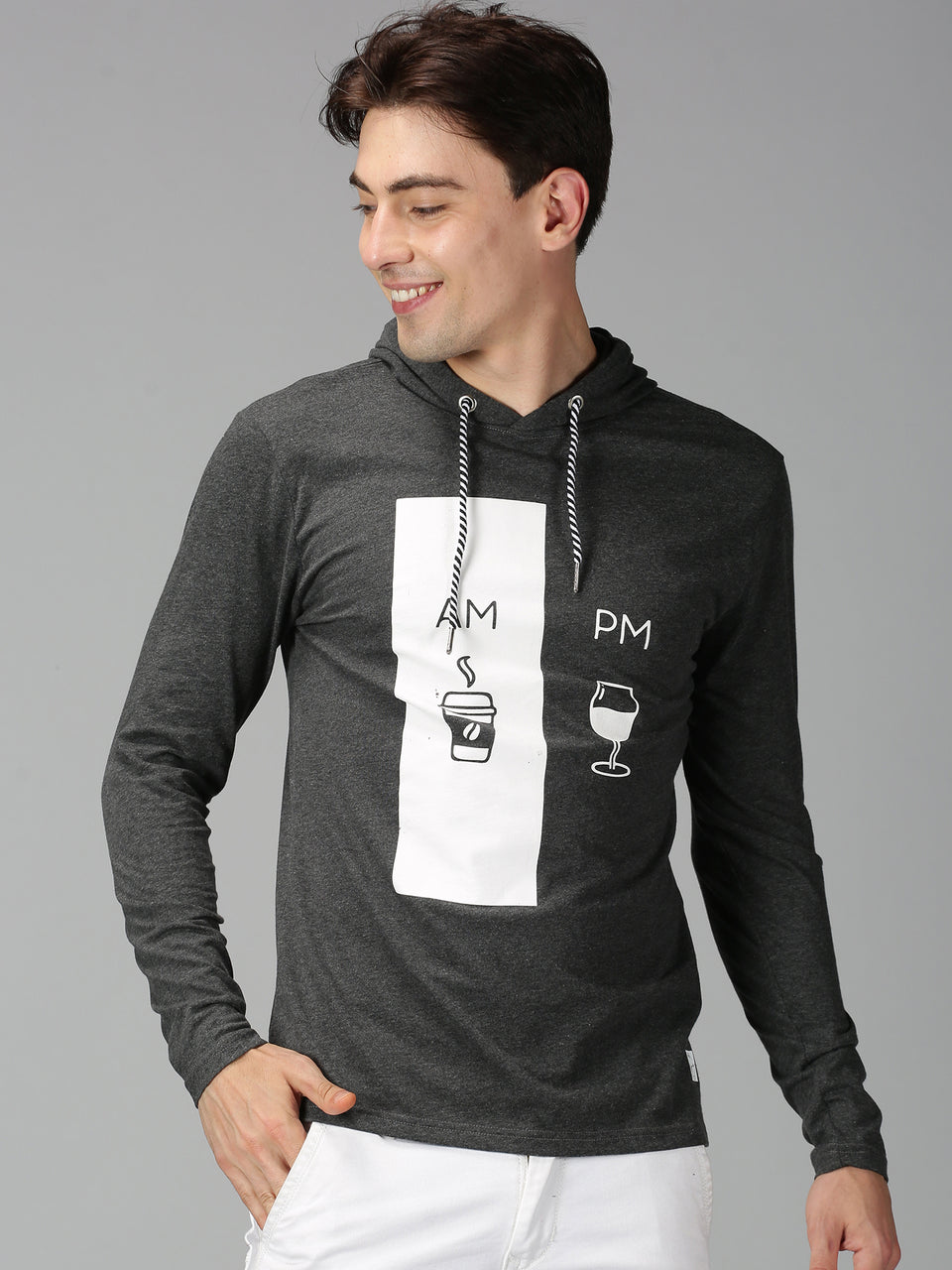Men Dark Grey Printed Pullover Hooded Sweatshirt