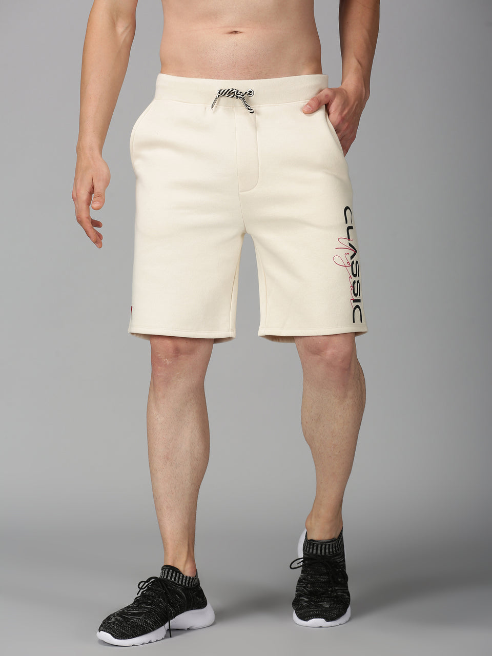 Men Beige Typography Organic Cotton Stretchable Regular Shorts