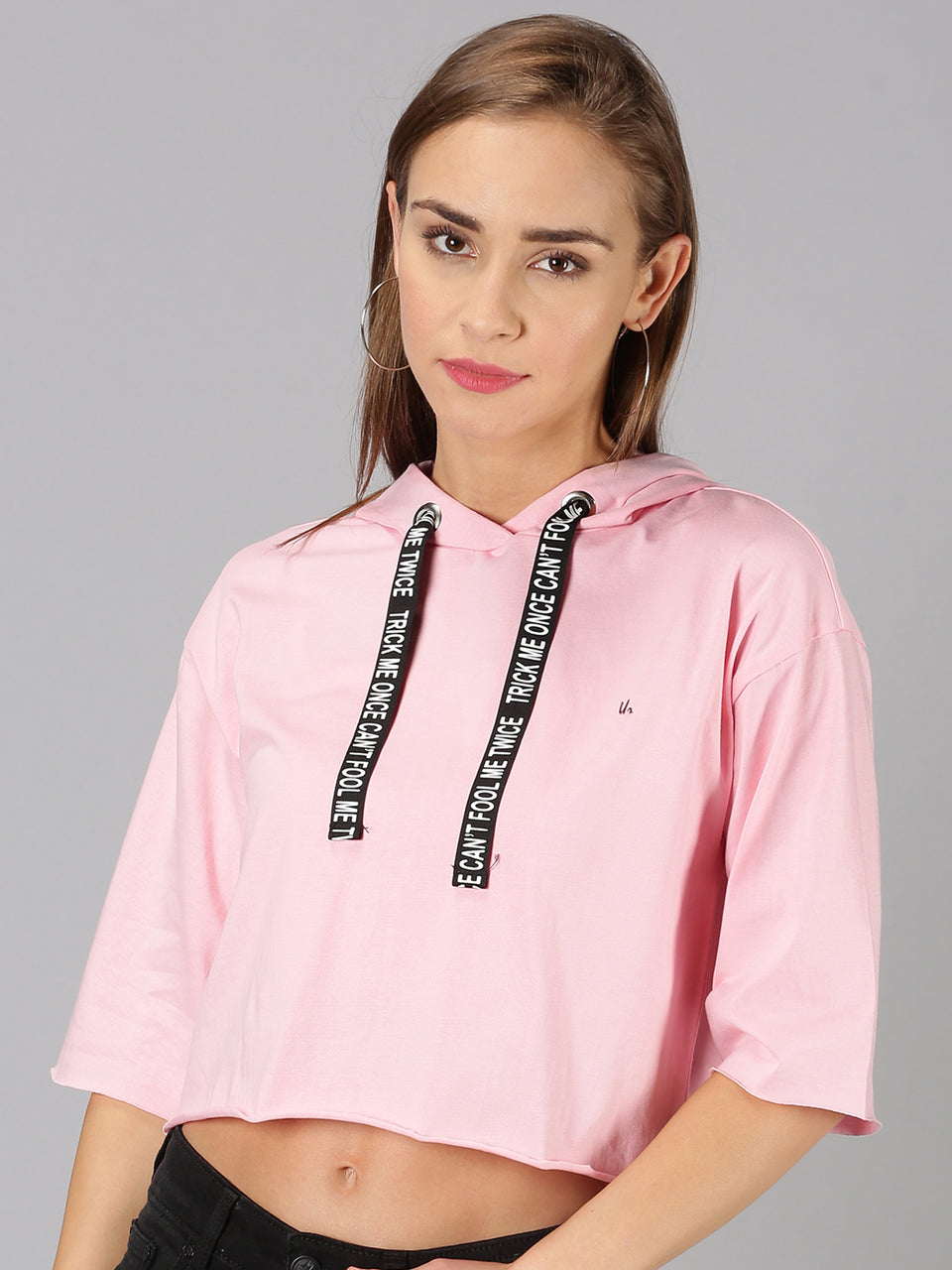 Women Pink Solid Hooded Neck Crop Top