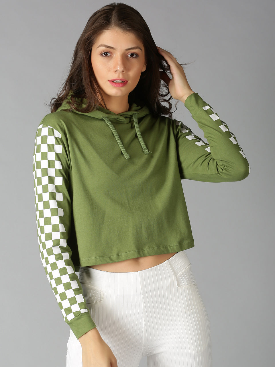 Women Green & White Checked Hooded Neck Cropped T-Shirt