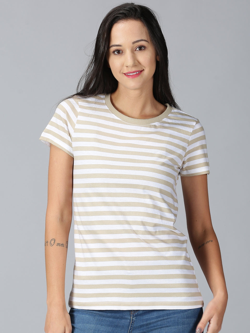 Women Beige Striped Round Neck Casual T-Shirt