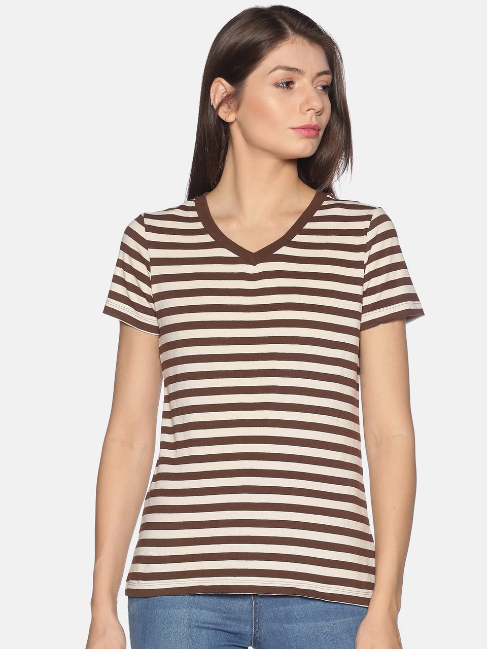 Women Coffee Brown Off White Striped V Neck Recycled Cotton Half Sleeve Regular Fit Casual T-Shirt