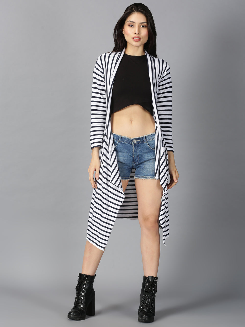 Women Navy & White Striped Front Open Longline Regular Shrug