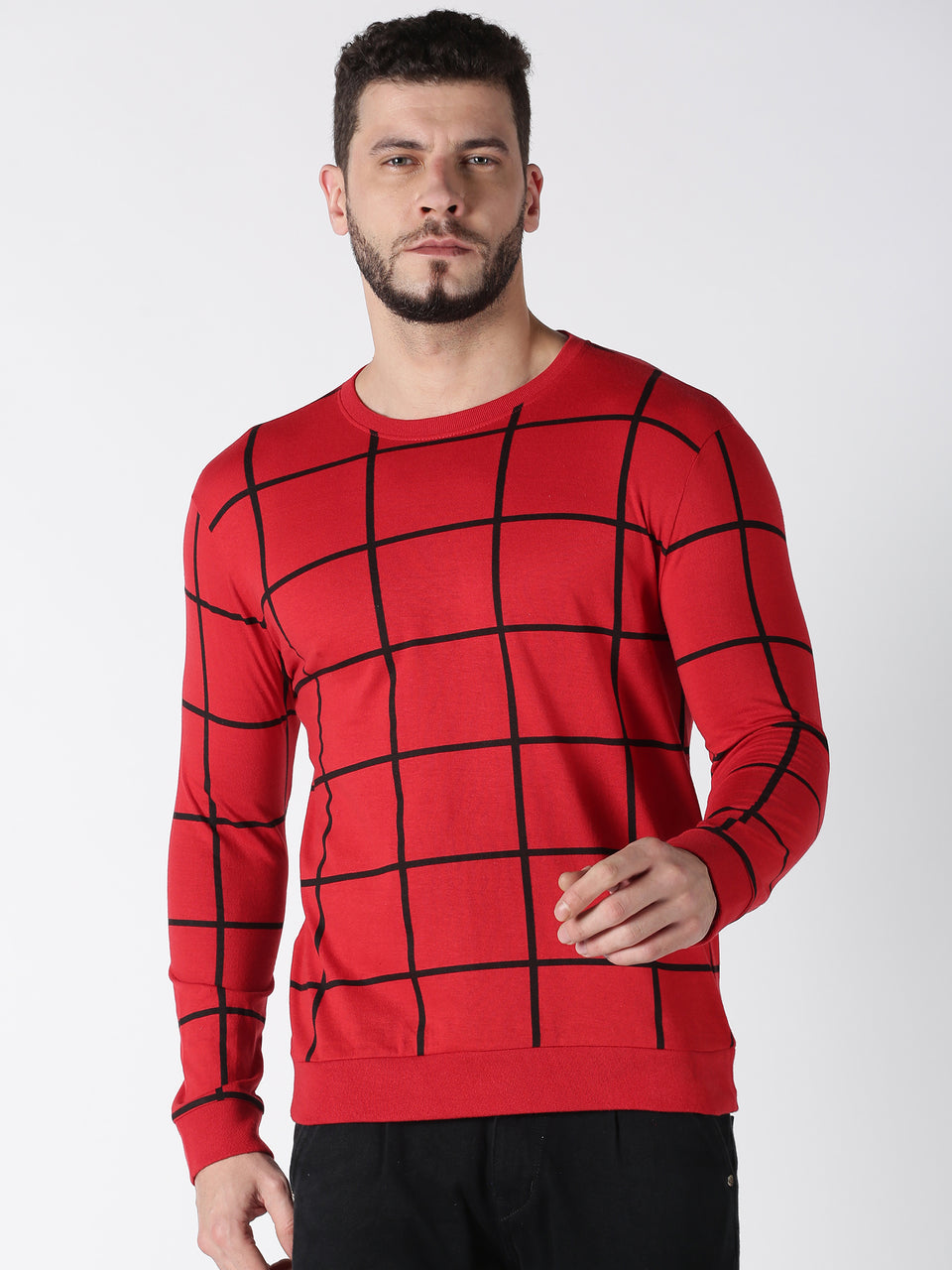 Men Red Black Checked Printed Round Neck Organic Pure Cotton Full Sleeve Regular Fit Casual T Shirt