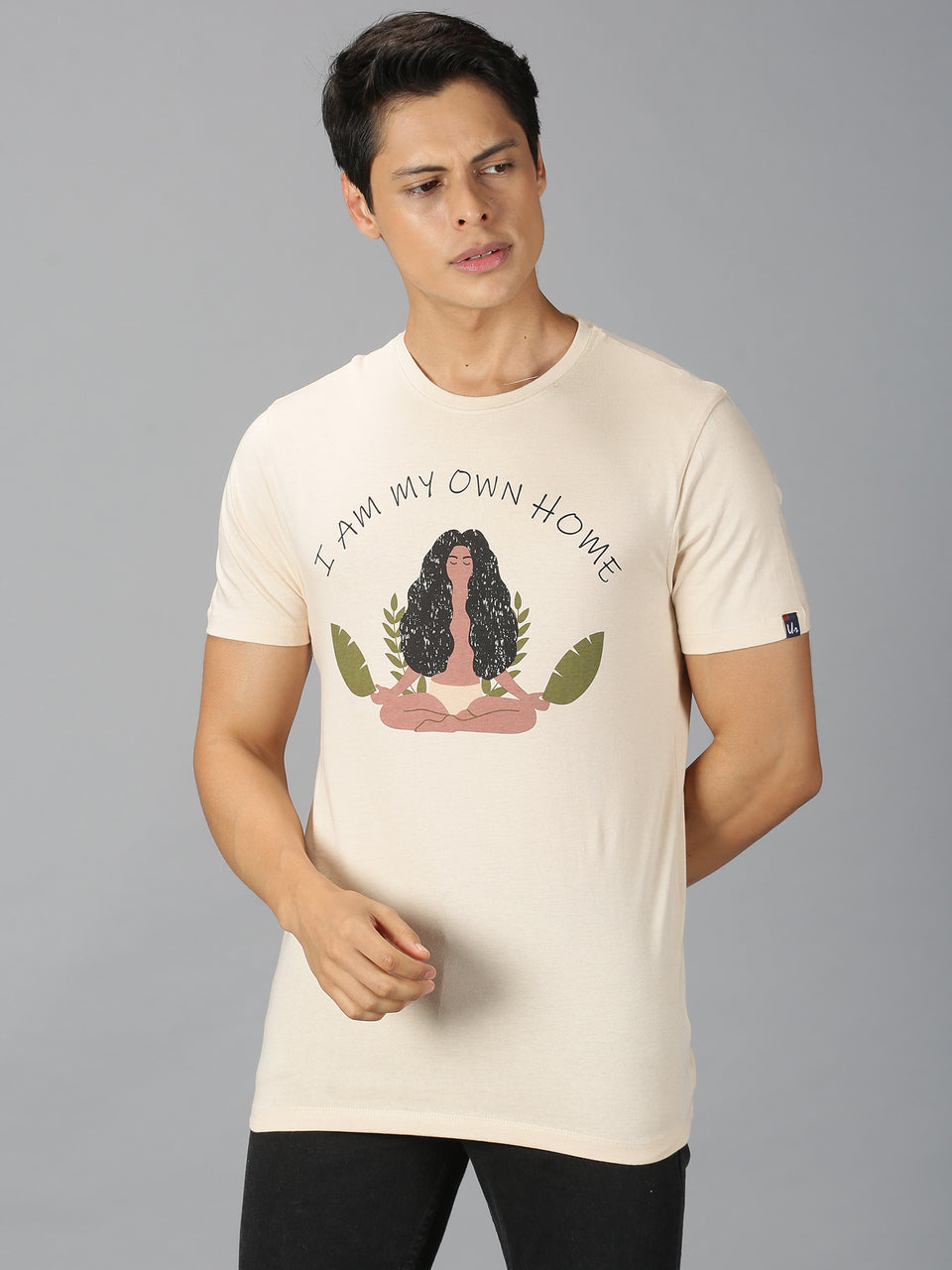 Men Beige Graphic Printed Round Neck Organic Cotton Half Sleeve Casual T-Shirt