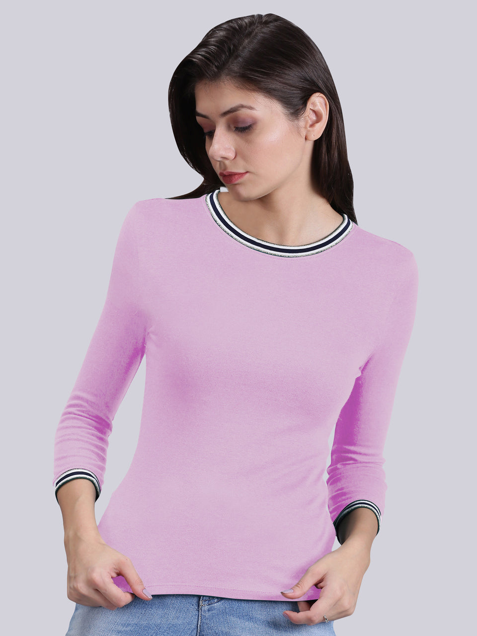 Women Pink Solid Round Neck Casual T-Shirt