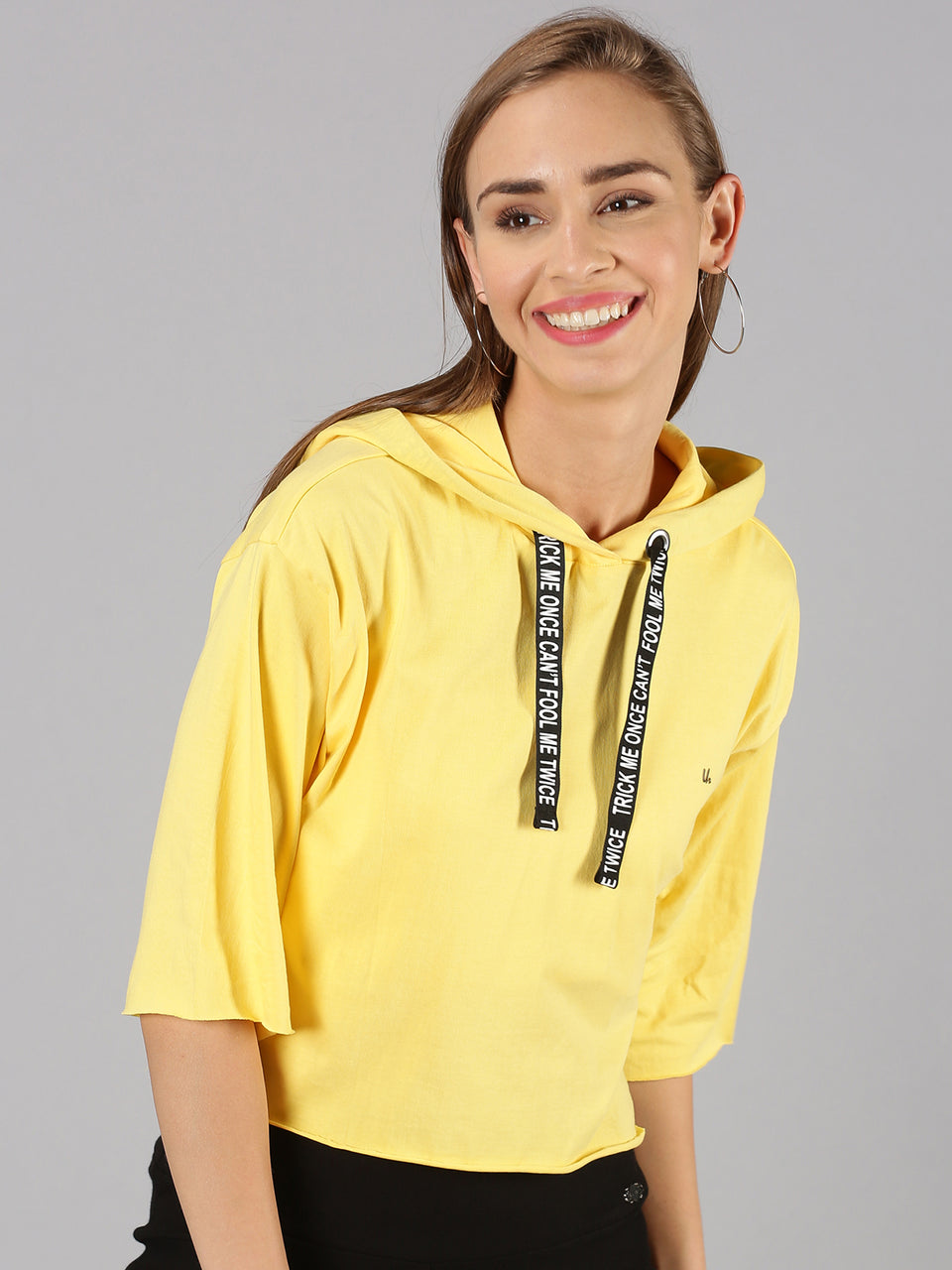 Women Yellow Solid Hooded Neck Crop Top