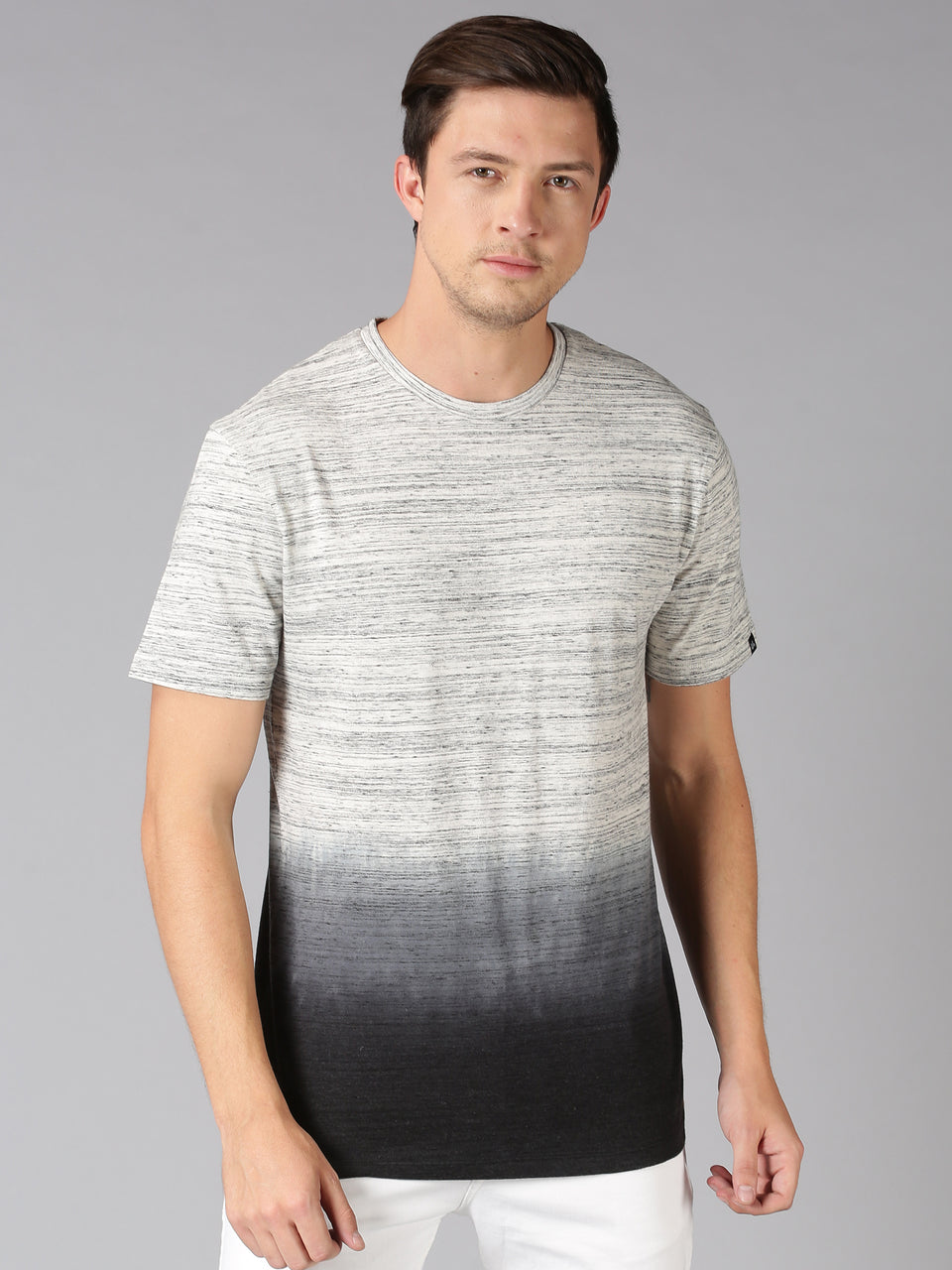 Men Black Off White Dip Dyed Round Neck Pure Cotton Half Sleeve Casual T-Shirt