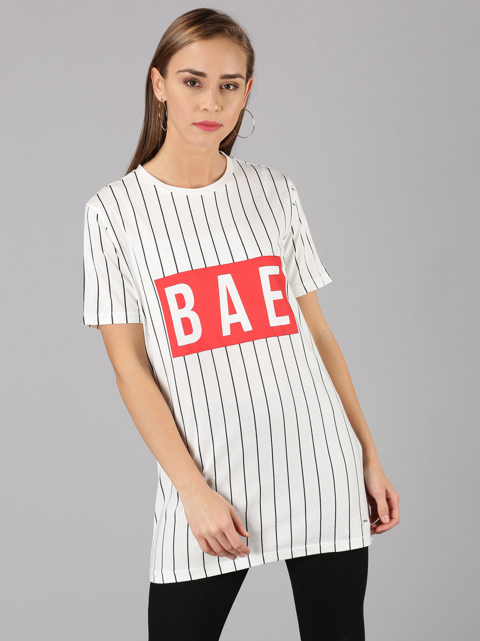 Women White Striped & Typography Round Neck Casual T-Shirt
