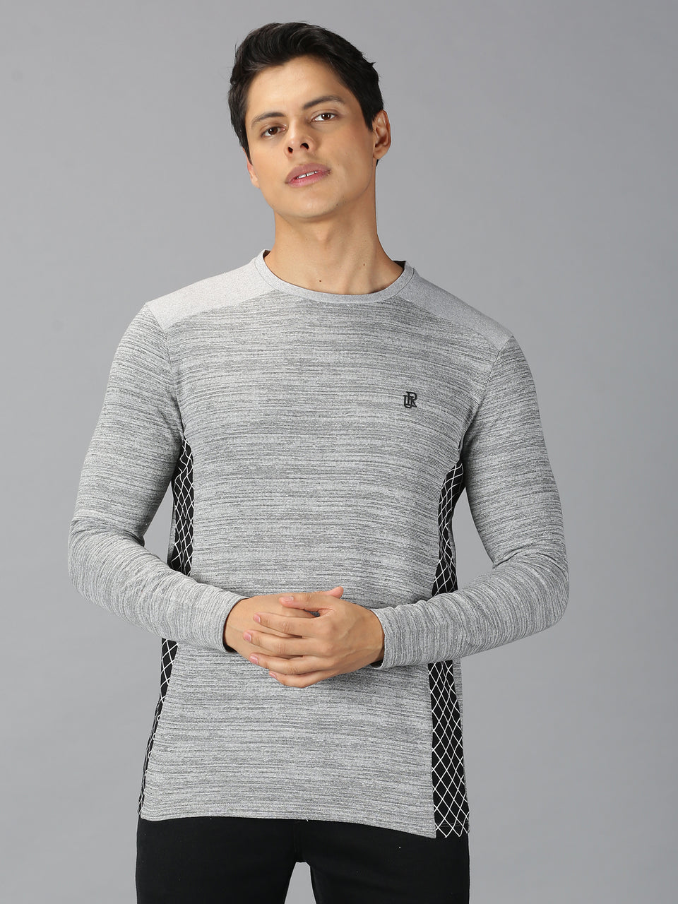 Men Grey Color Blocked Round Neck Recycled Cotton Full Sleeve Regular Fit Casual T-Shirt