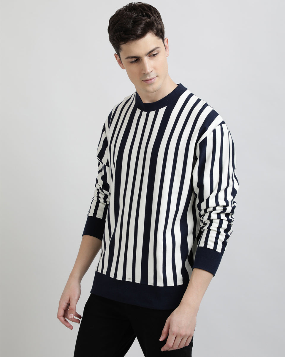 Men Navy Blue Vertical Striped Round Neck Recycled Cotton Full Sleeve Regular Fit Casual Winter Wear Pullover Sweatshirt