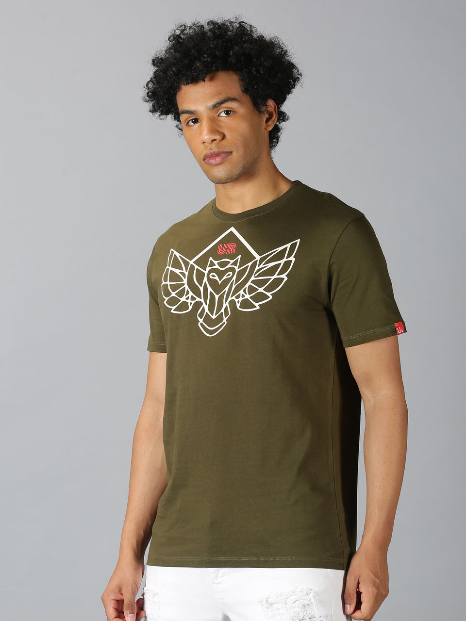 Men Dark Olive Printed Crew neck T-shirt