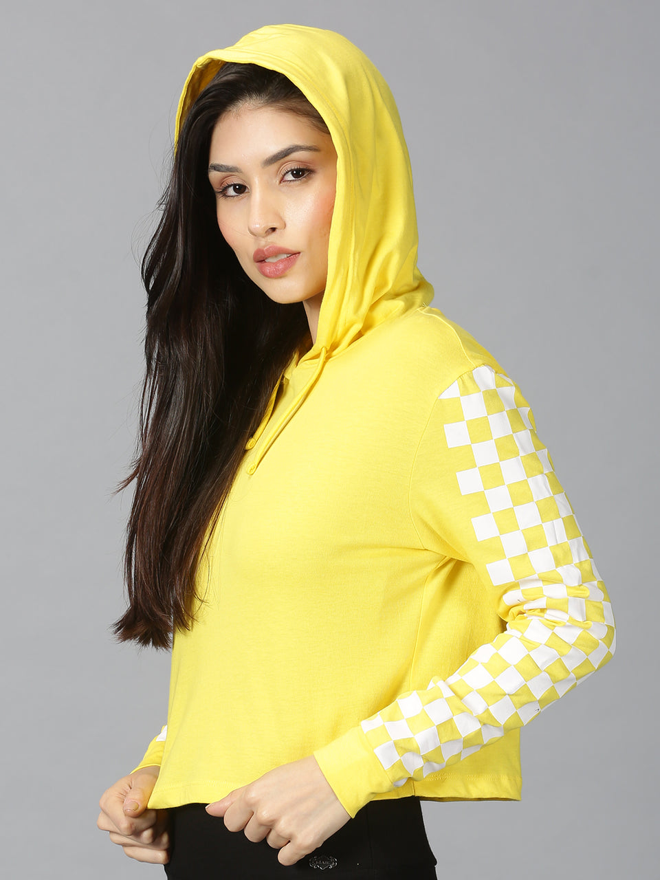 Women Yellow & White Checked Hooded Neck Cropped T-Shirt