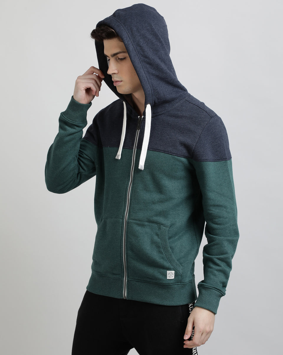 Men Navy Blue Green Color Blocked Recycled Cotton Full Sleeve Front Open with Zipper Hooded Neck Sweatshirt