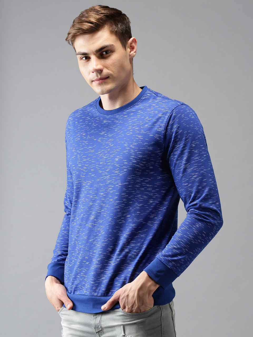 Men Blue All Over Printed Round Neck Recycled Cotton Full Sleeve Regular Fit Casual T-Shirt