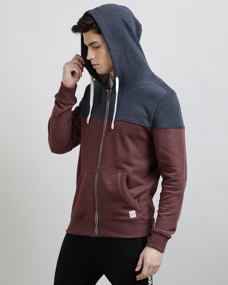 Men Navy Blue Maroon Color Blocked Recycled Cotton Full Sleeve Front Open with Zipper Hooded Neck Sweatshirt