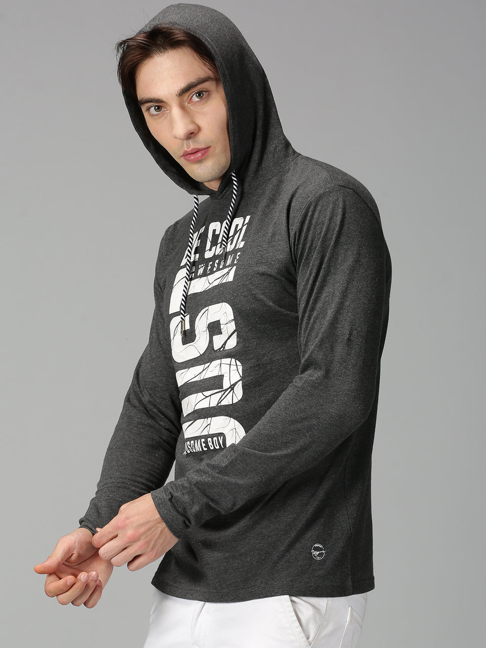 Men Dark Grey Printed Pullover Hooded Sweatshirt