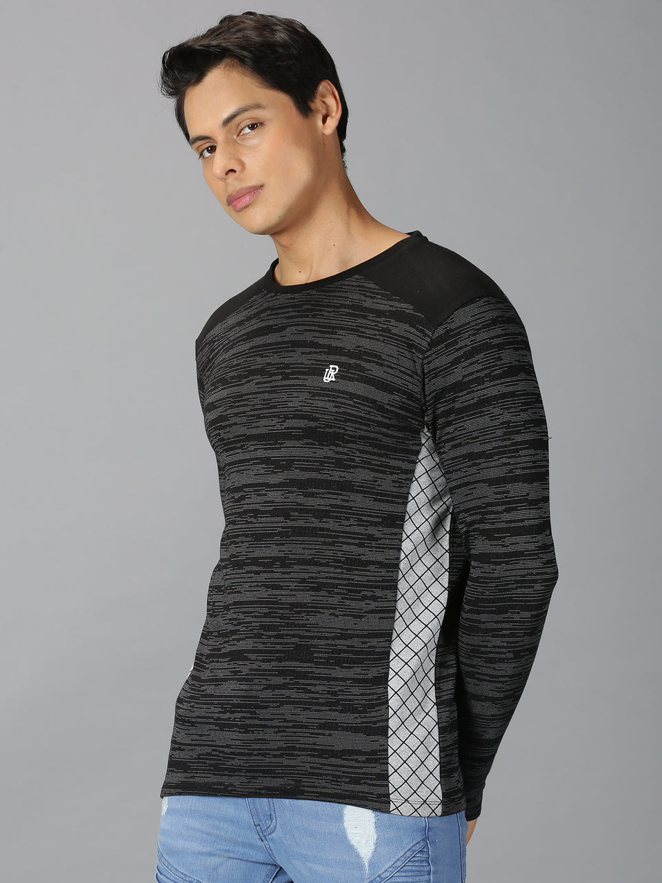 Men Black Grey Color Blocked Round Neck Recycled Cotton Full Sleeve Regular Fit Casual T-Shirt