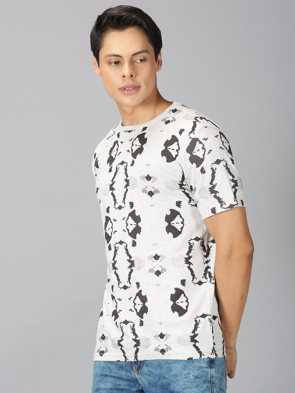 Men Ecru Melange Printed Round Neck Recycled Cotton Half Sleeve Regular Fit Casual T-Shirt
