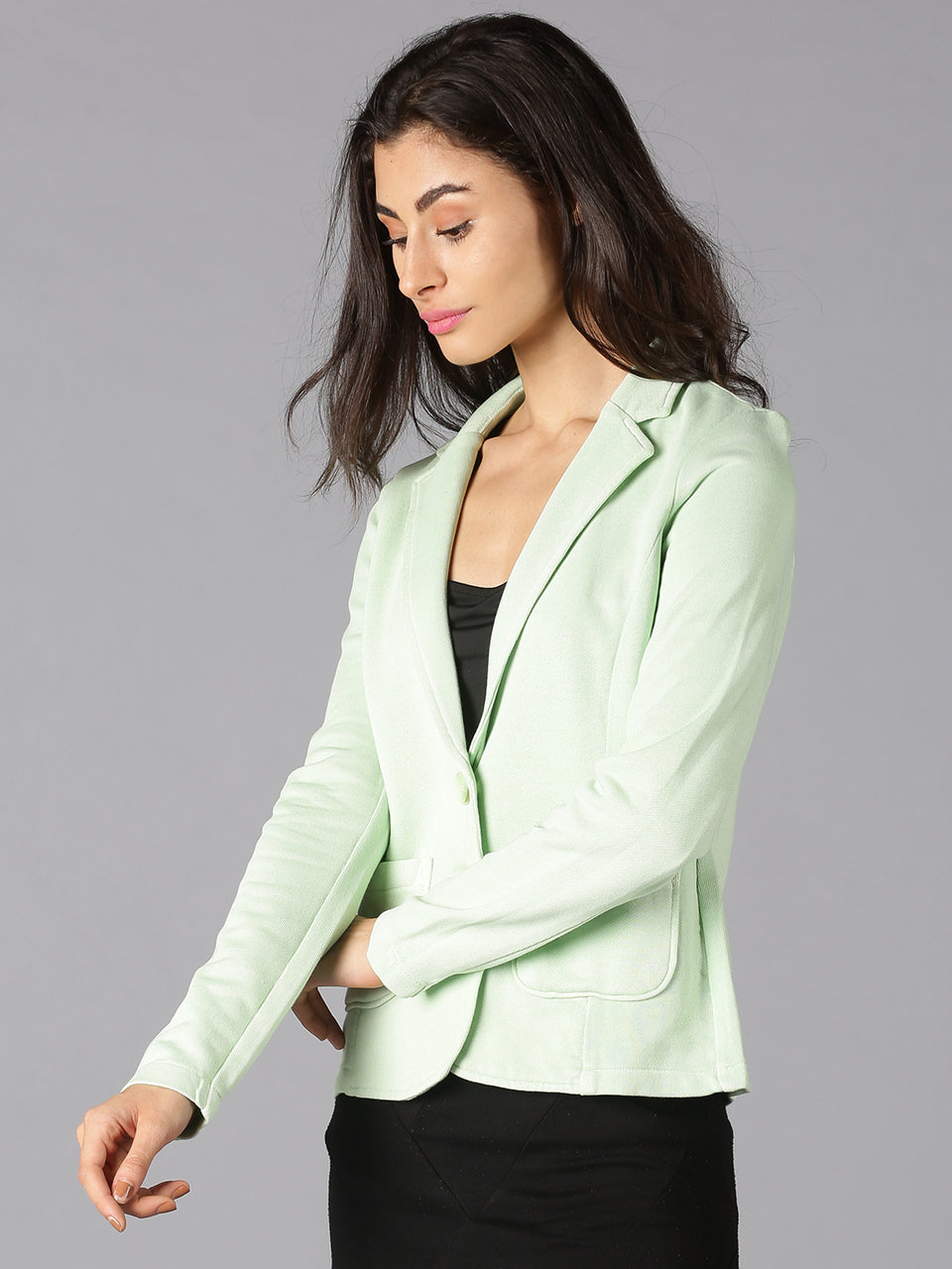 Women Green Solid Single Breasted Regular Blazer